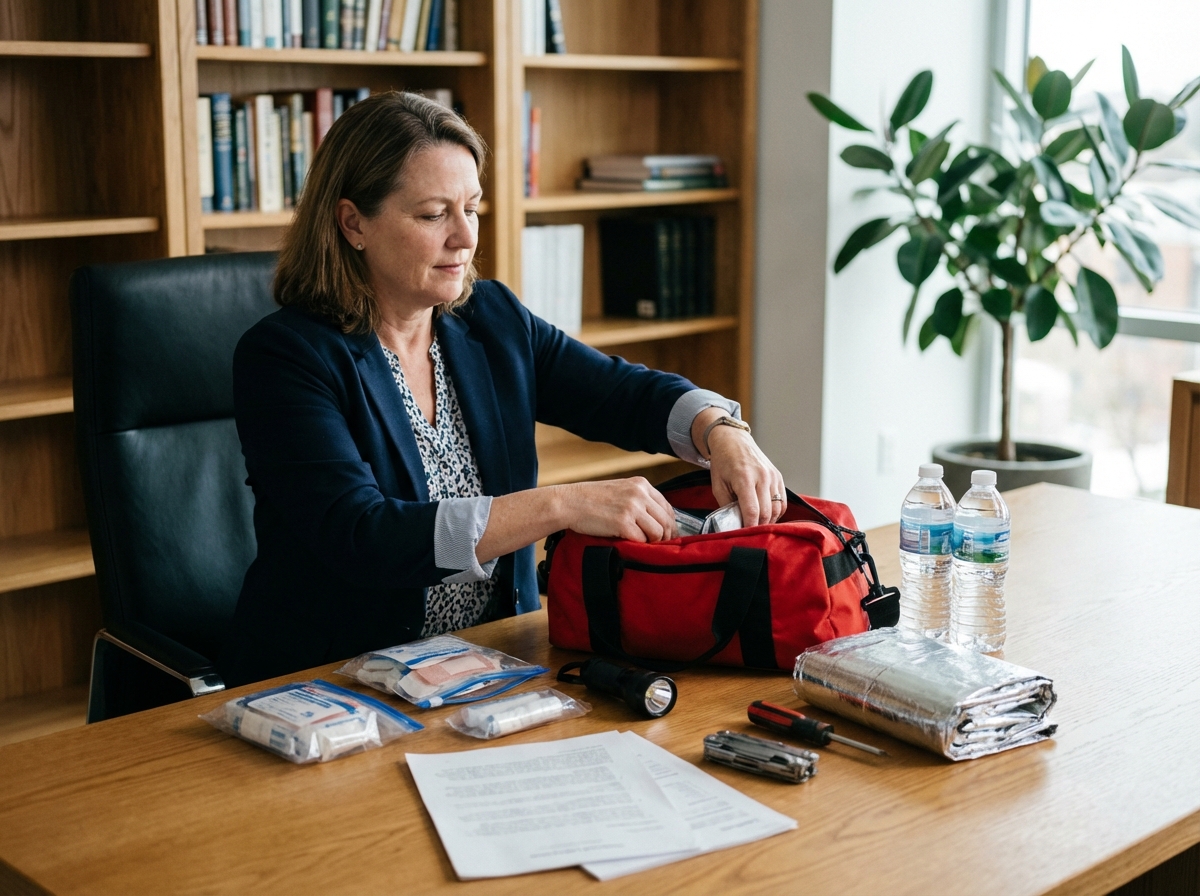 Femme d'affaires vérifiant un kit de secours organisé
