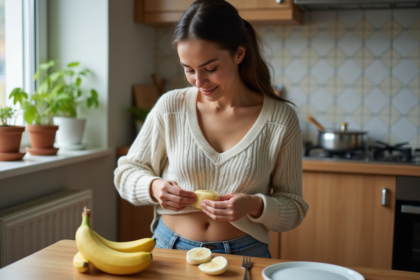 Jeune femme peignant une banane dans la cuisine chaleureuse