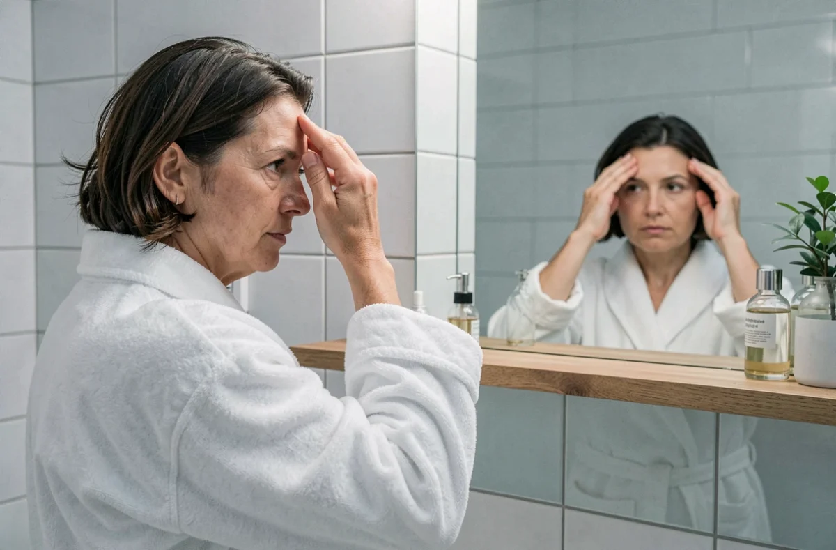Femme dans la quarantaine observant sa perte de cheveux liée au stress devant un miroir de salle de bain