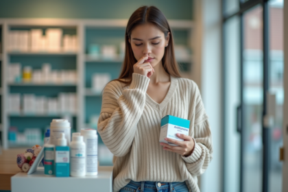 Jeune femme en pharmacie tenant un antihistaminique et se grattant le nez