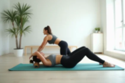 Femme pratiquant le Pilates sur un tapis dans un studio à domicile minimaliste, illustrant l'application BetterMe Pilates