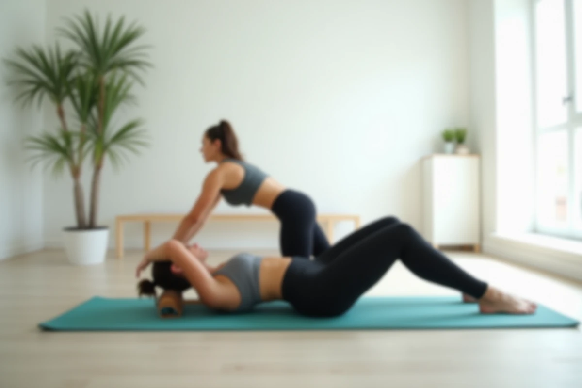 Femme pratiquant le Pilates sur un tapis dans un studio à domicile minimaliste, illustrant l'application BetterMe Pilates