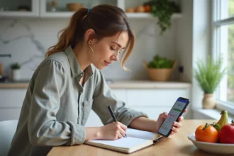 Femme consultant un plan de repas personnalisé sur smartphone tout en tenant un journal alimentaire dans une cuisine moderne