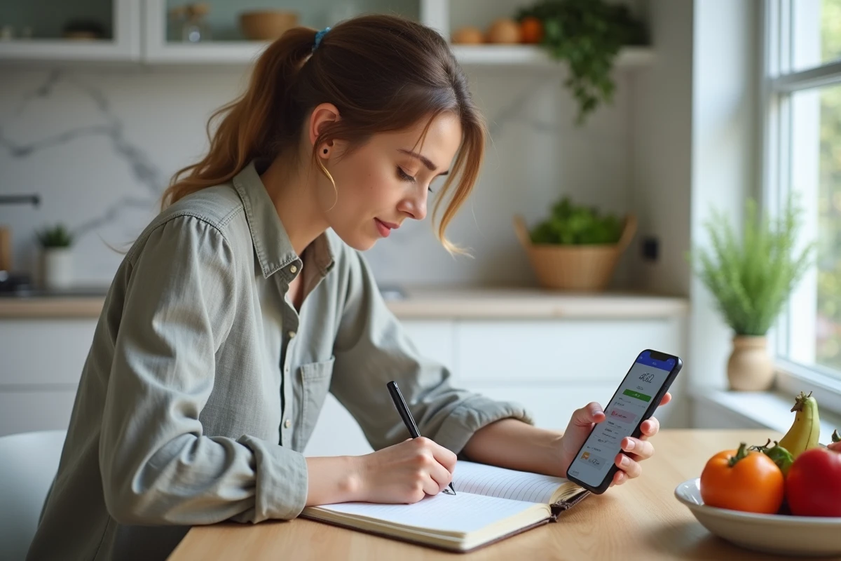 Femme consultant un plan de repas personnalisé sur smartphone tout en tenant un journal alimentaire dans une cuisine moderne