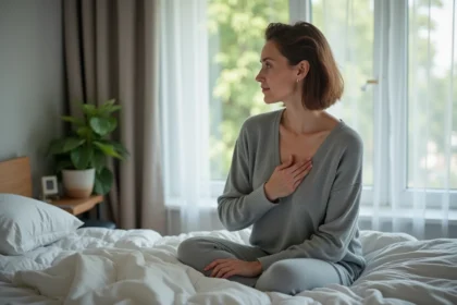 Femme en réflexion touchant un port médical sur la poitrine