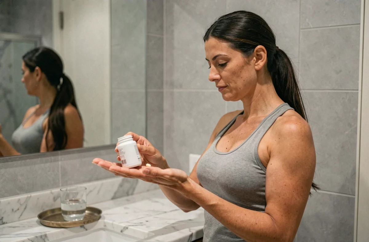 Femme prenant sa dose quotidienne de complément alimentaire Nourix dans une salle de bain minimaliste