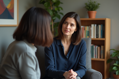 Femme en discussion avec un psychologue dans un bureau chaleureux