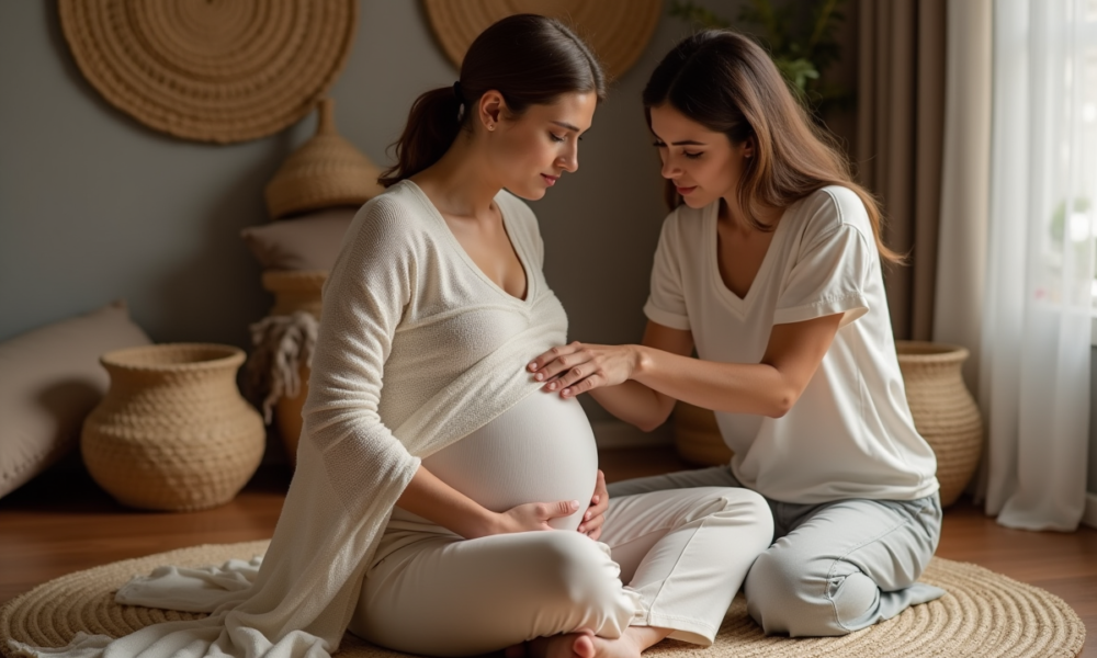 Femme en postpartum avec praticienne enveloppant un Rebozo