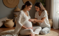 Femme en postpartum avec praticienne enveloppant un Rebozo