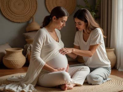 Femme en postpartum avec praticienne enveloppant un Rebozo