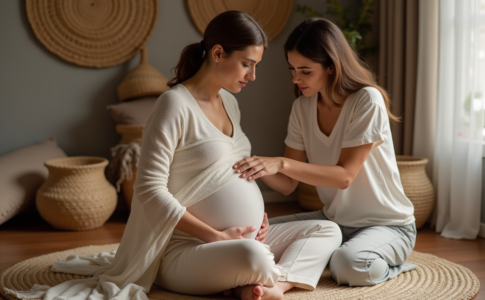 Femme en postpartum avec praticienne enveloppant un Rebozo