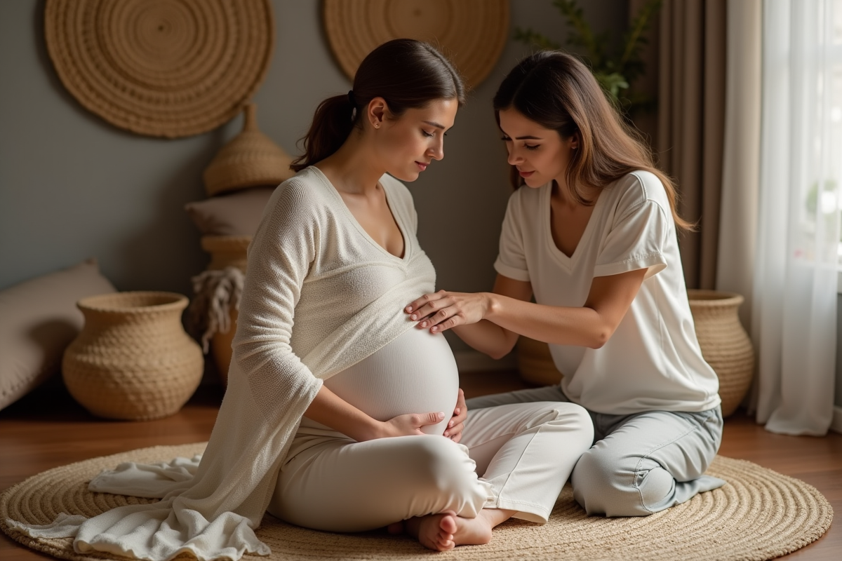 Femme en postpartum avec praticienne enveloppant un Rebozo