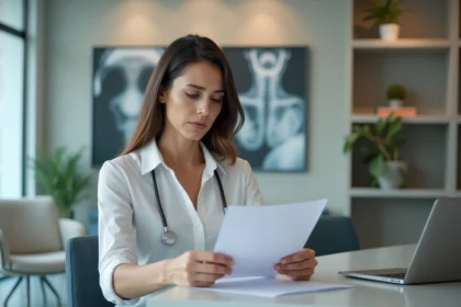 Femme examinant un formulaire dans une clinique médicale moderne