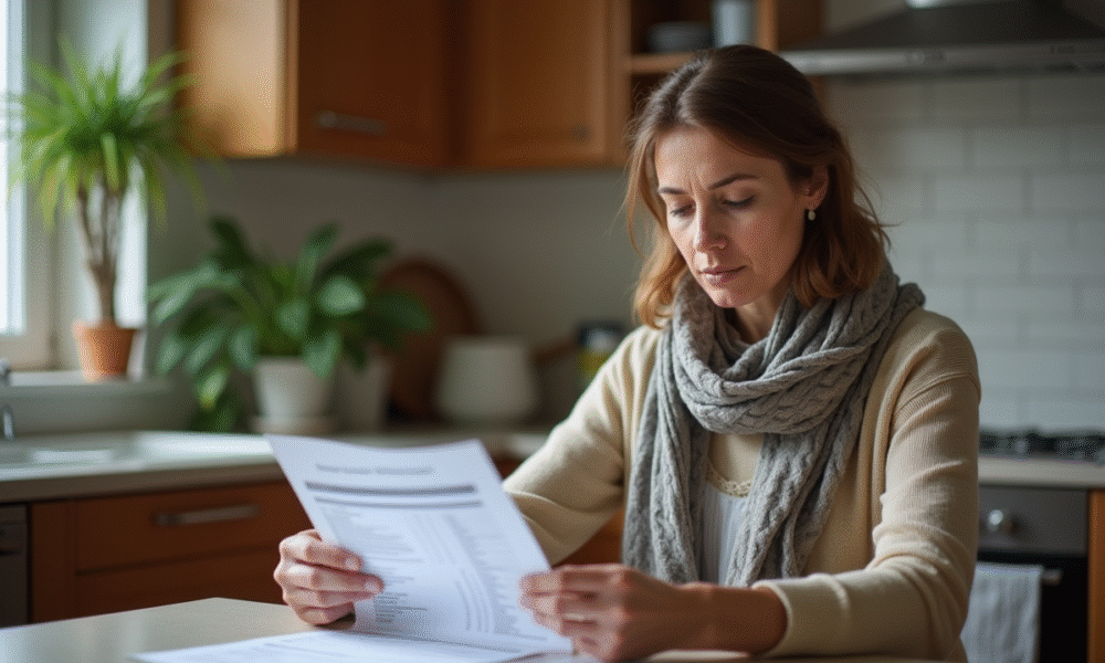 Femme d'une quarantaine regarde ses résultats médicaux à la maison