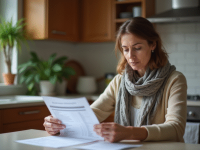 Femme d'une quarantaine regarde ses résultats médicaux à la maison