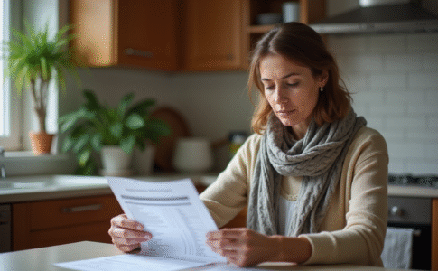 Femme d'une quarantaine regarde ses résultats médicaux à la maison