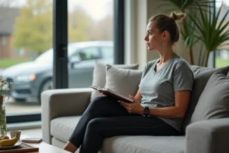 Femme réfléchissant dans un salon moderne et cosy