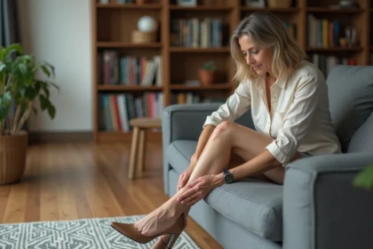 Femme se détendant en retirant ses chaussures confortables