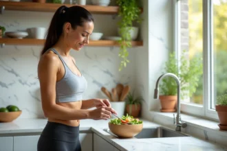 Femme préparant un repas sain et équilibré dans une cuisine moderne pour accompagner une perte de poids naturelle avec Alviona
