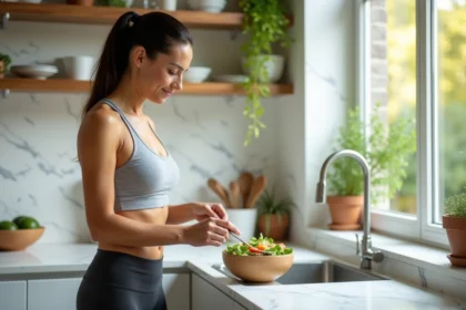 Femme préparant un repas sain et équilibré dans une cuisine moderne pour accompagner une perte de poids naturelle avec Alviona