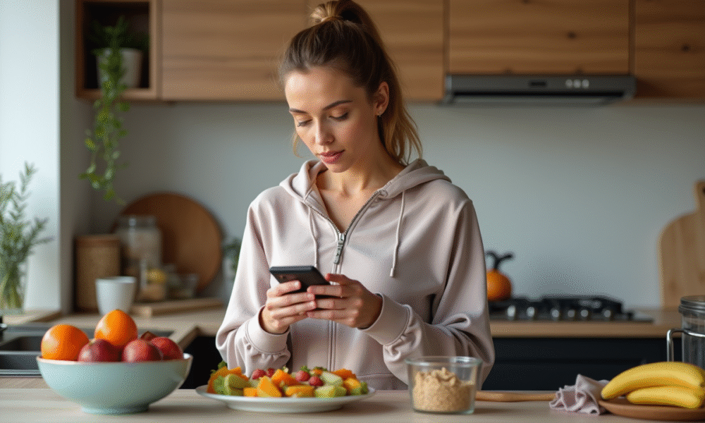 Femme en athleisure regardant un repas sain dans la cuisine