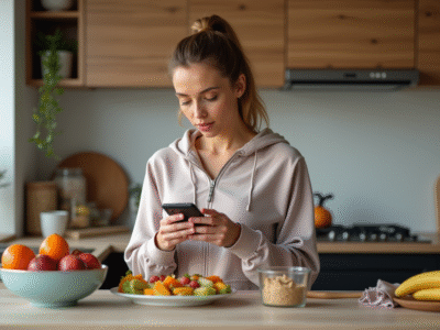 Femme en athleisure regardant un repas sain dans la cuisine