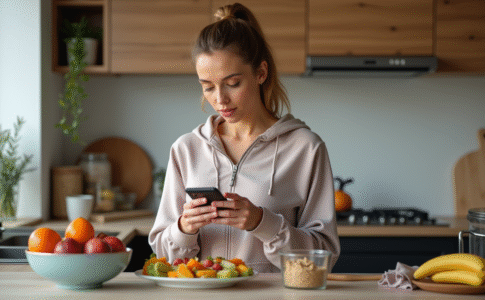 Femme en athleisure regardant un repas sain dans la cuisine