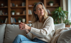 Femme assise sur un canapé dans un salon cosy