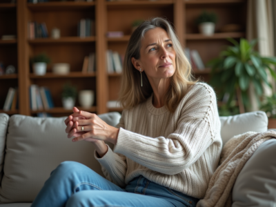 Femme assise sur un canapé dans un salon cosy