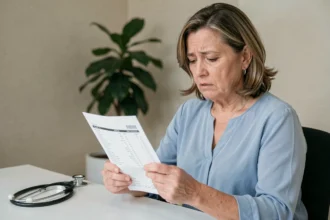 Femme d'âge moyen examinant ses résultats d'analyse de sang montrant un taux de ferritine élevé dans un cabinet médical
