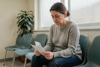 Femme fatiguée tenant ses résultats d'analyse sanguine dans une salle d'attente médicale, illustrant des D dimères légèrement élevés
