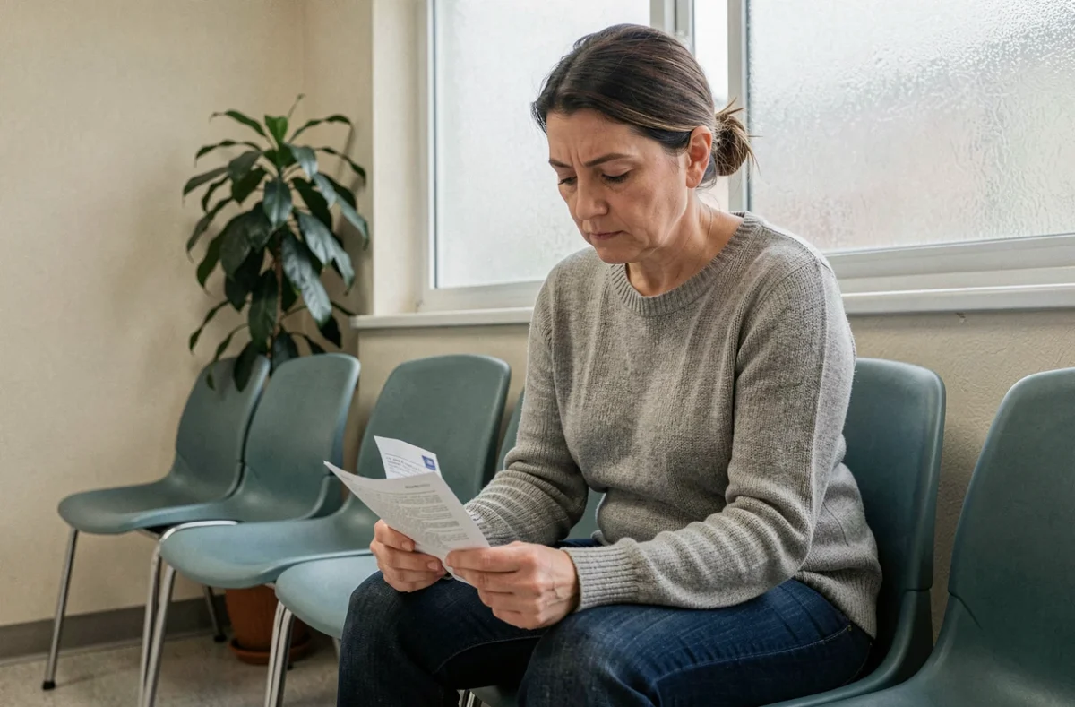 Femme fatiguée tenant ses résultats d'analyse sanguine dans une salle d'attente médicale, illustrant des D dimères légèrement élevés