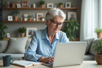 Femme d'environ 55 ans utilisant un simulateur de retraite à domicile