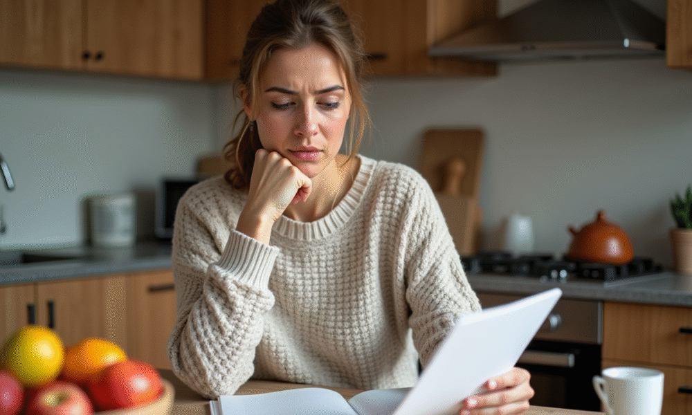 Femme en cuisine consulte un journal alimentaire