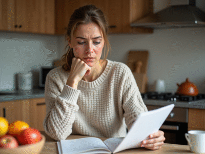 Femme en cuisine consulte un journal alimentaire