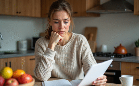 Femme en cuisine consulte un journal alimentaire