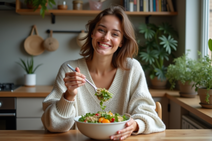 Jeune femme souriante dégustant une salade maison chaleureuse