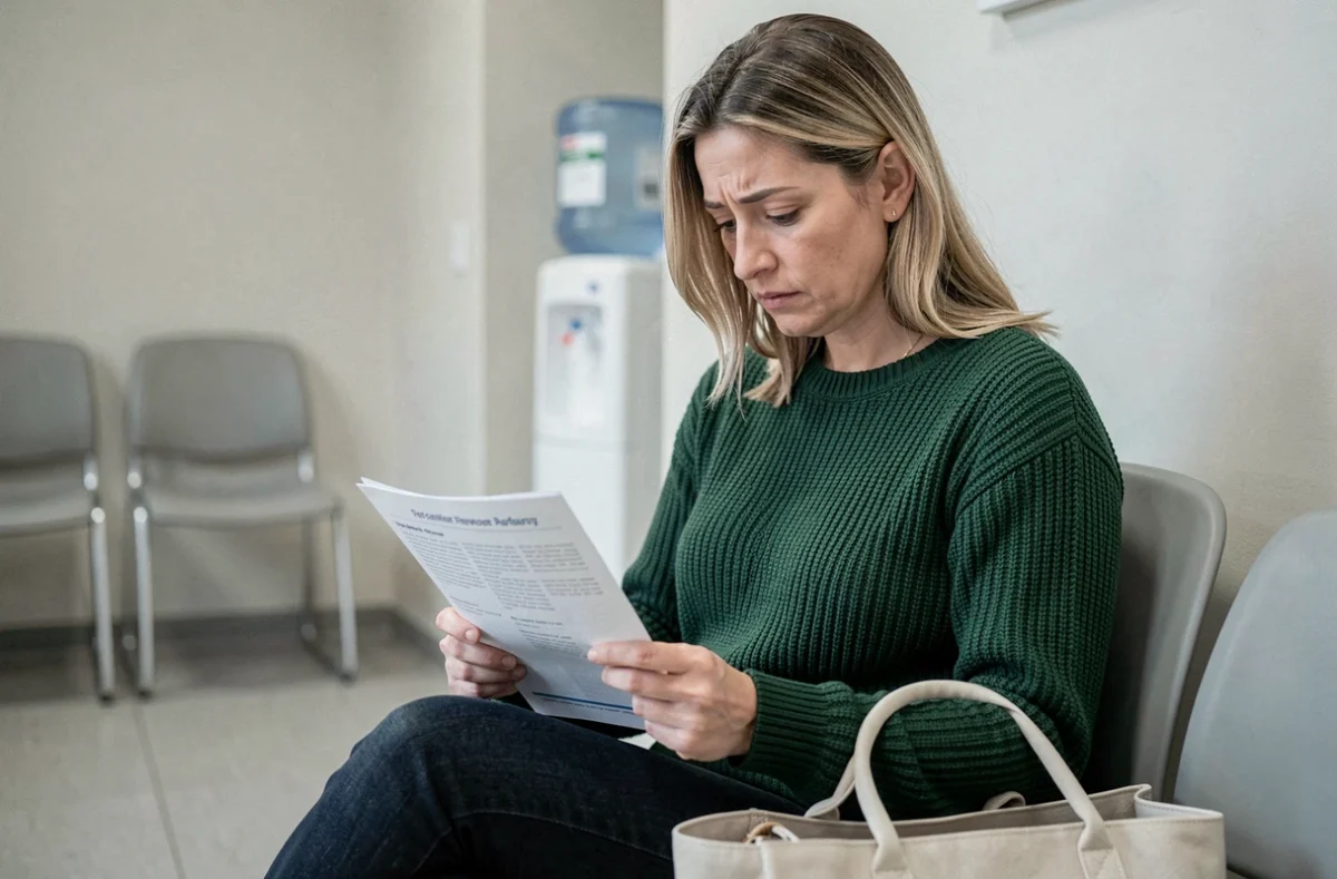 Femme lisant une fiche d'information santé dans une salle d'attente médicale avant une consultation