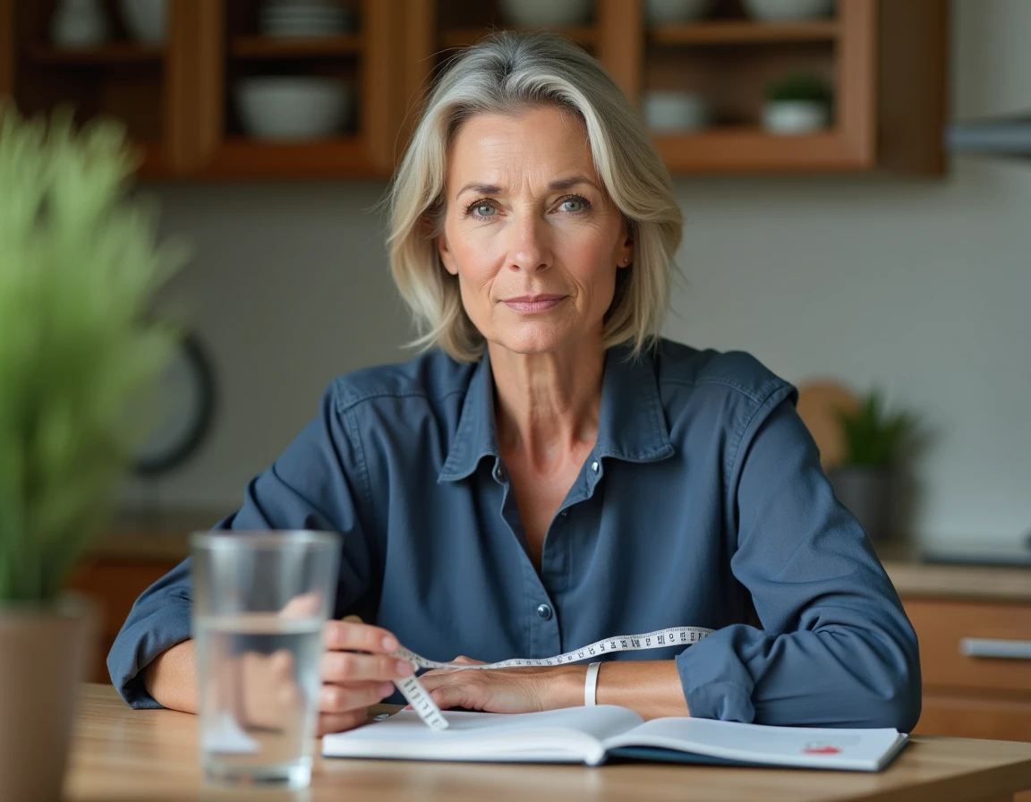 Femme consultant un carnet de santé et un ruban de mesure sur une table de cuisine, liés au calcul du poids idéal