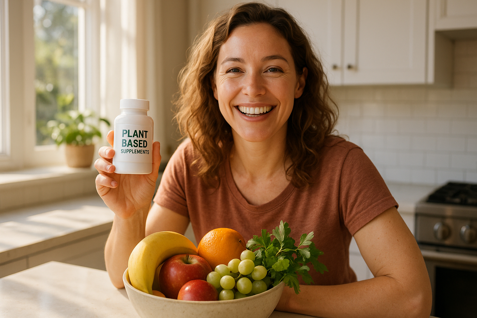 Femme souriante tenant des compléments végétaux dans une cuisine lumineuse