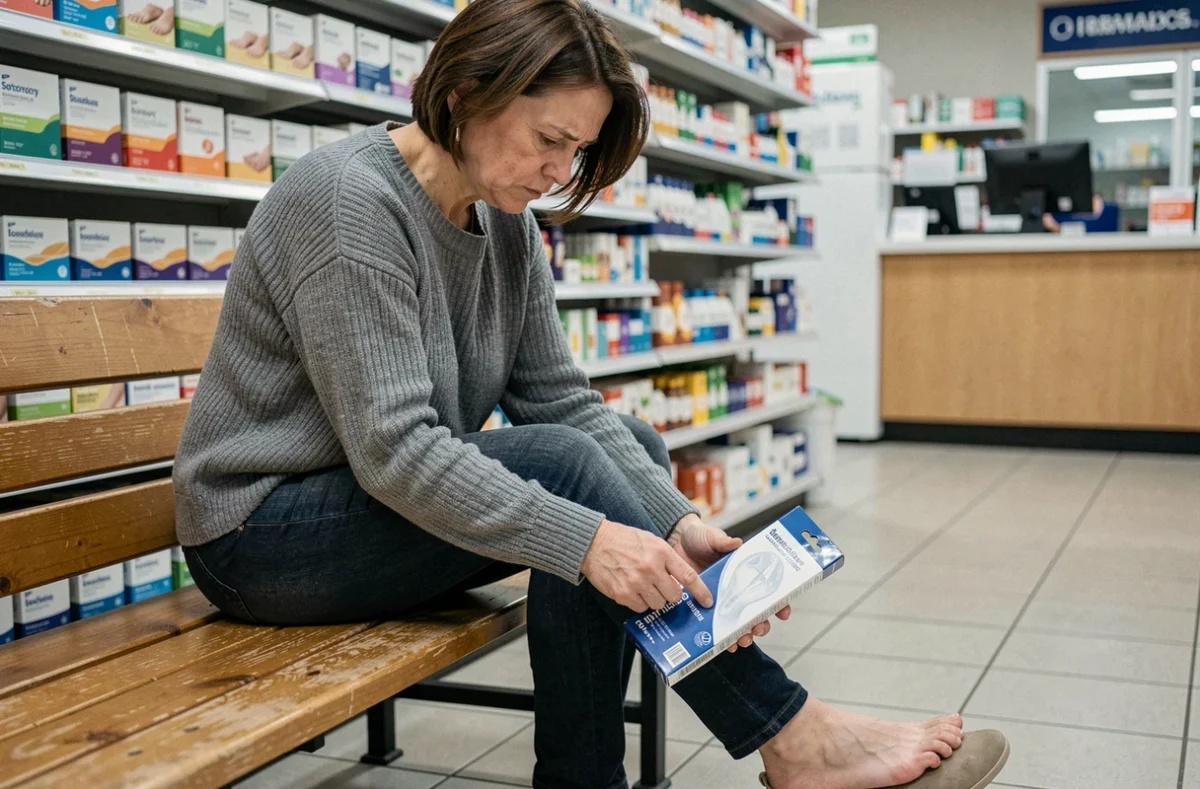 Femme comparant une semelle Akusoli en pharmacie avec une expression dubitative, questionnant l'écart entre publicité et avis médical