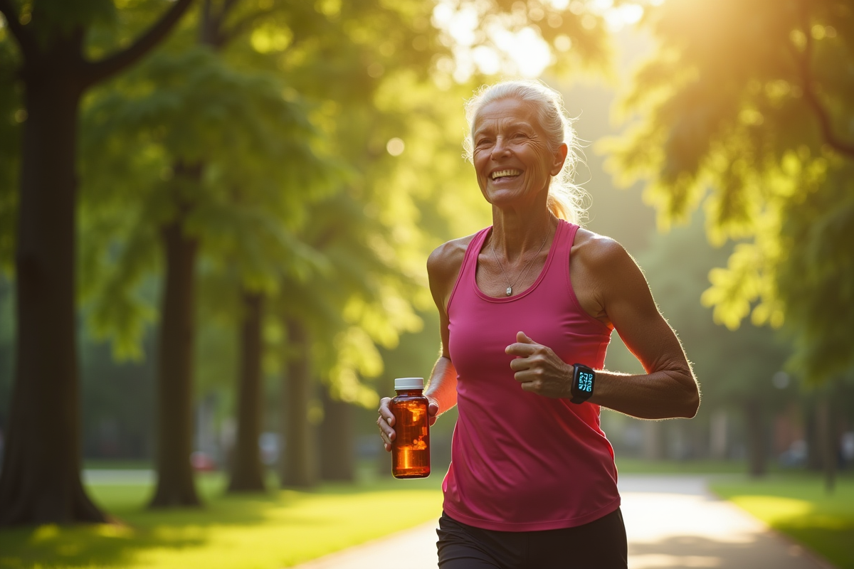 Femme senior courant dans un parc avec vitamine B12
