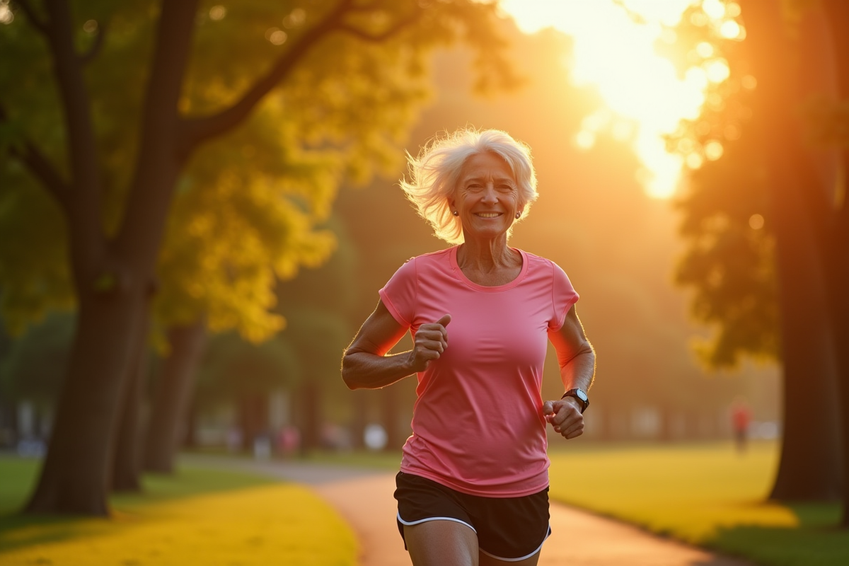 Femme senior courant dans un parc au lever du soleil