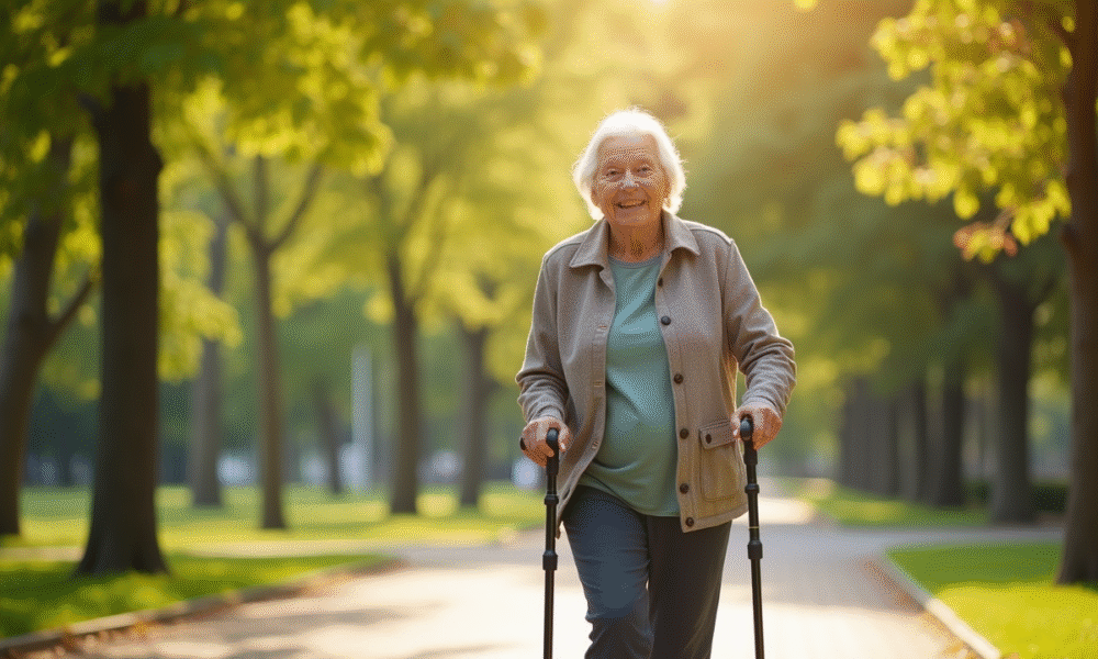 Femme senior souriante marche dans un parc ensoleille