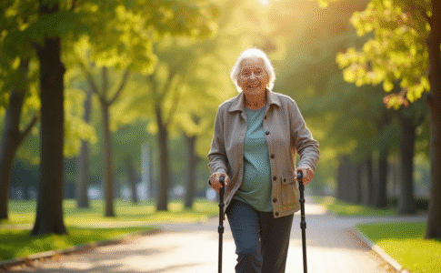 Femme senior souriante marche dans un parc ensoleille
