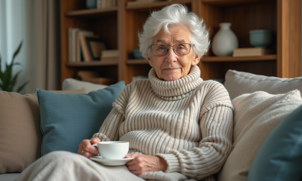 Femme âgée assise confortablement à la maison