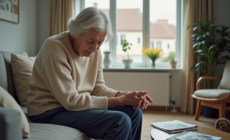 Femme âgée assise sur un canapé dans un salon moderne