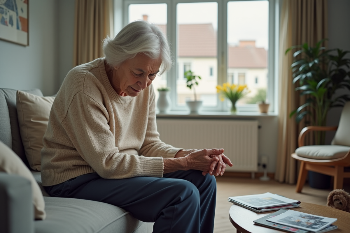 Femme âgée assise sur un canapé dans un salon moderne