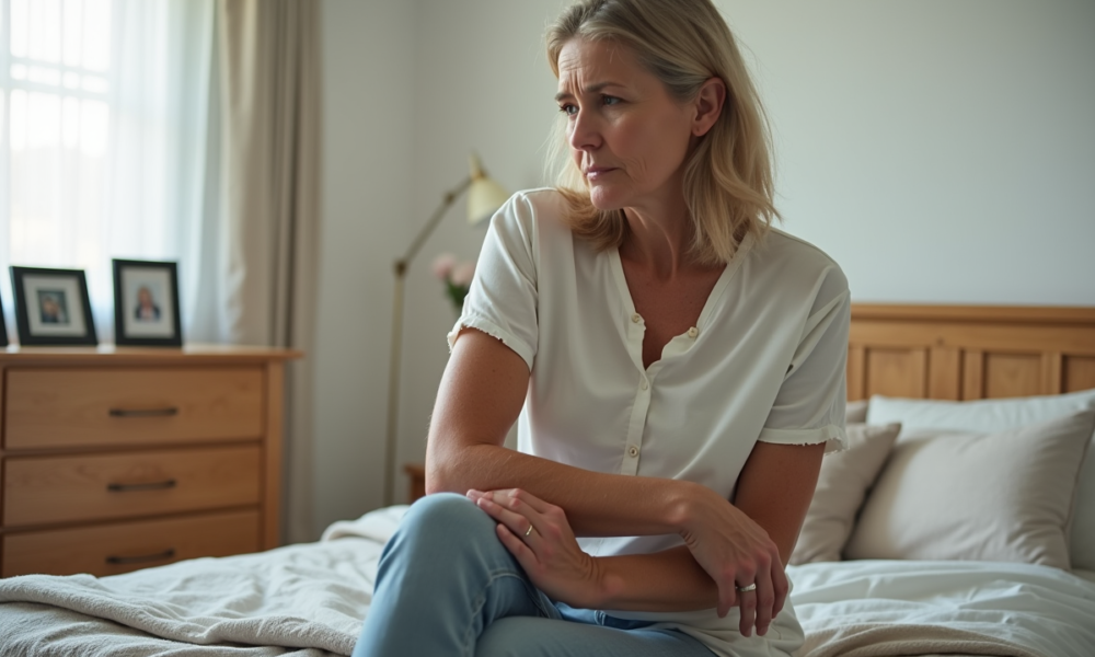 Femme d'âge moyen assise sur le lit touche son bras engourdi
