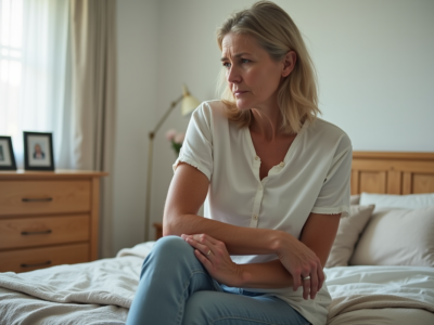Femme d'âge moyen assise sur le lit touche son bras engourdi
